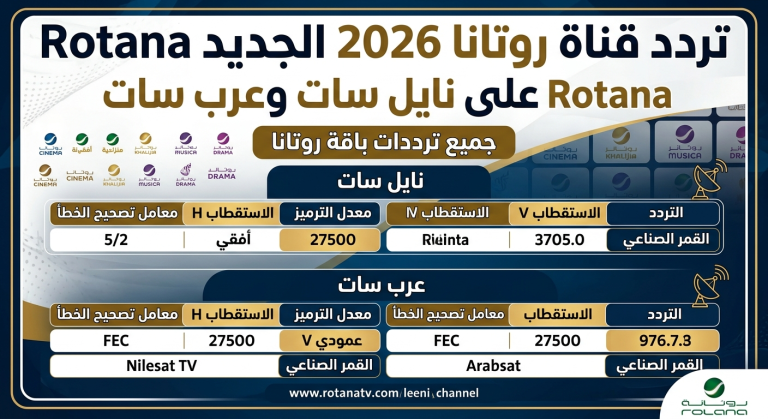 تردد قناة روتانا 2026 الجديد Rotana على نايل سات وعرب سات جميع ترددات باقة روتانا