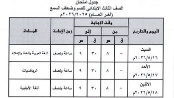 جداول امتحانات نهاية العام 2026