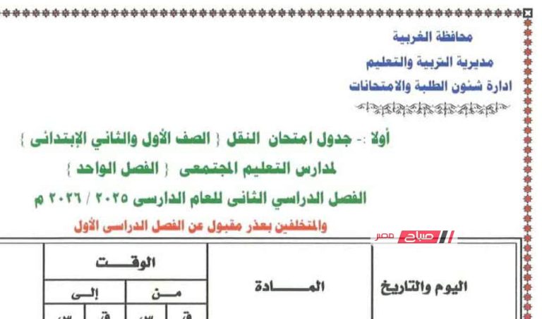 جدول امتحانات المرحلة الابتدائية للفصل الدراسي الثاني 2026 بمحافظة الغربية