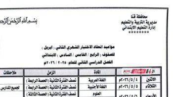 جدول مواعيد اختبارات أبريل للابتدائي في قنا وتوزيع المواد على أيام الامتحان