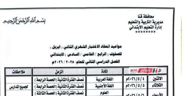 جدول مواعيد اختبارات أبريل للابتدائي في قنا وتوزيع المواد على أيام الامتحان