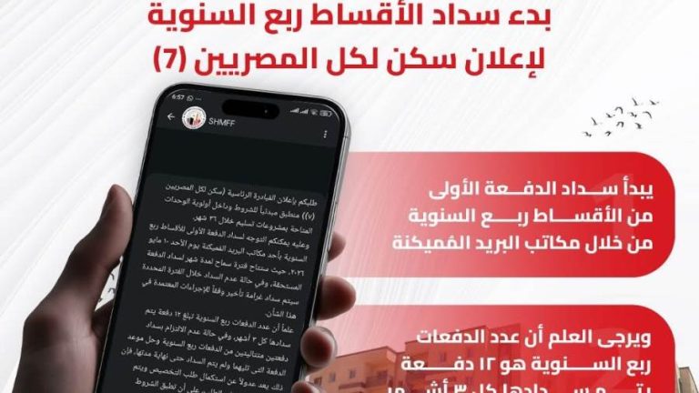 10 مايو.. بدء سداد أول دفعة ربع سنوية بـ«سكن كل المصريين 7»