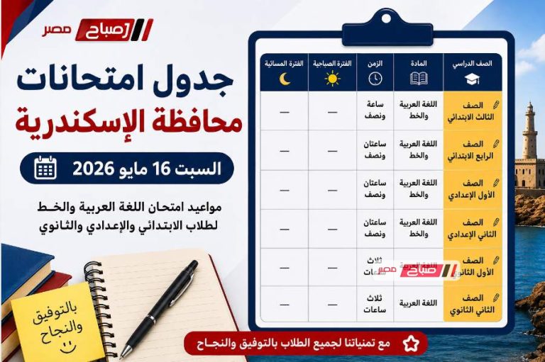 جدول امتحانات الإسكندرية 2026.. مواعيد امتحان اللغة العربية لطلاب الابتدائي والإعدادي والثانوي
