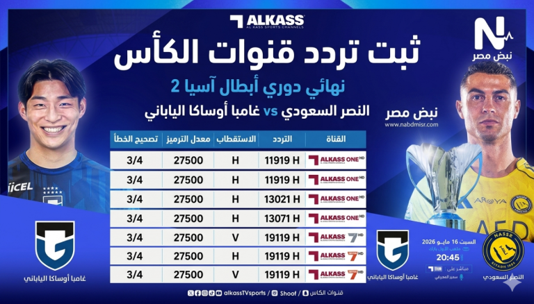 نزل تردد قنوات الكأس القطرية 2026 الناقلة لمباراة النصر وجامبا أوساكا الياباني في نهائي دوري أبطال آسيا 2 بجودة HD